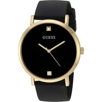 Reloj GUESS con esfera de diamante genuino, caja de acero inoxidable dorado y correa de silicona negra resistente