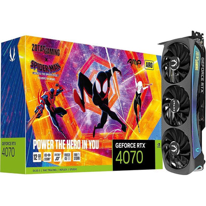 ZOTAC Paquete de tarjetas gráficas para juegos GeForce RTX 4070 AMP AIRO Spider-Man: A través del universo de araña