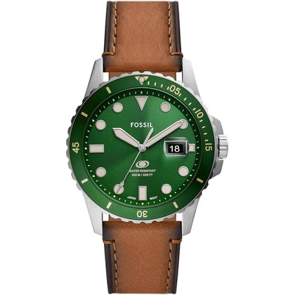 Reloj de pulsera Fossil para hombre, diseño acero inoxidable con correa de cuero marrón y resistencia al agua