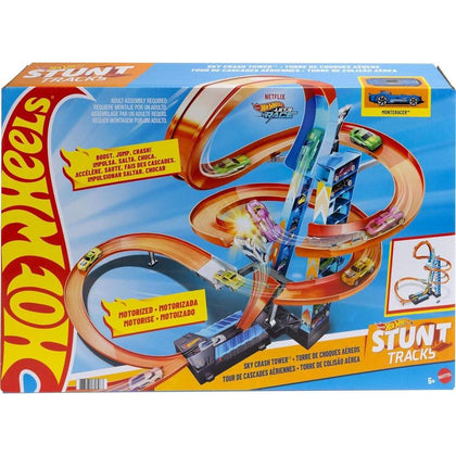 Hot Wheels Sky Crash Tower Track Set con Booster Motorizado y Vehículo para Carreras de Múltiples Coches