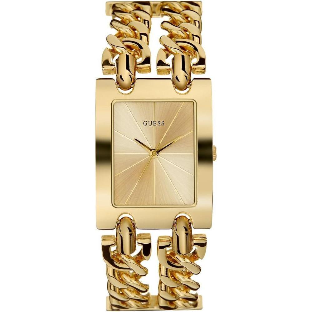 GUESS Reloj de pulsera multicadena para mujer en tono plateado con dial dorado y segundero, resistente a arañazos