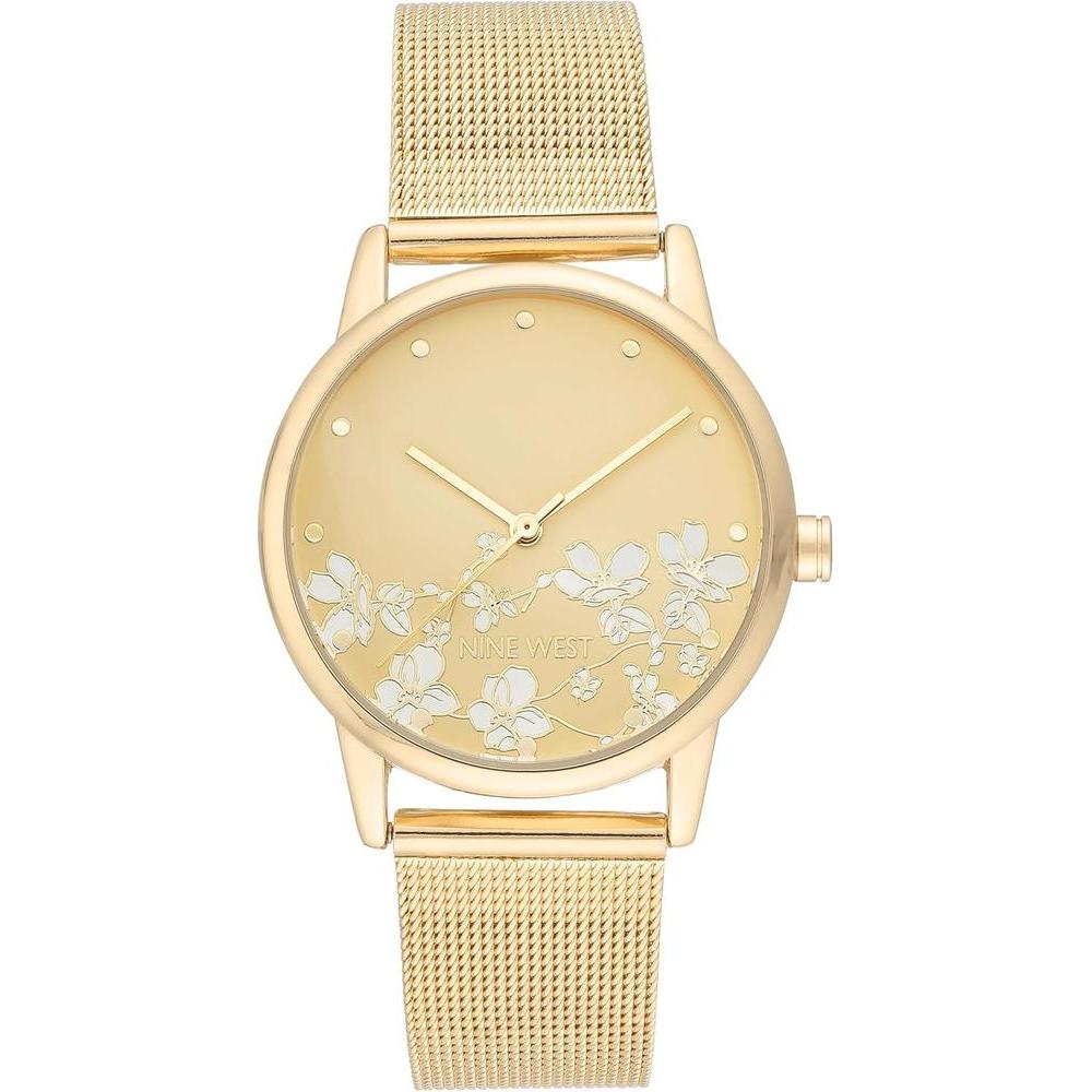 Reloj de pulsera para mujer Nine West en dorado con acero inoxidable, cristal resistente y diseño floral elegante