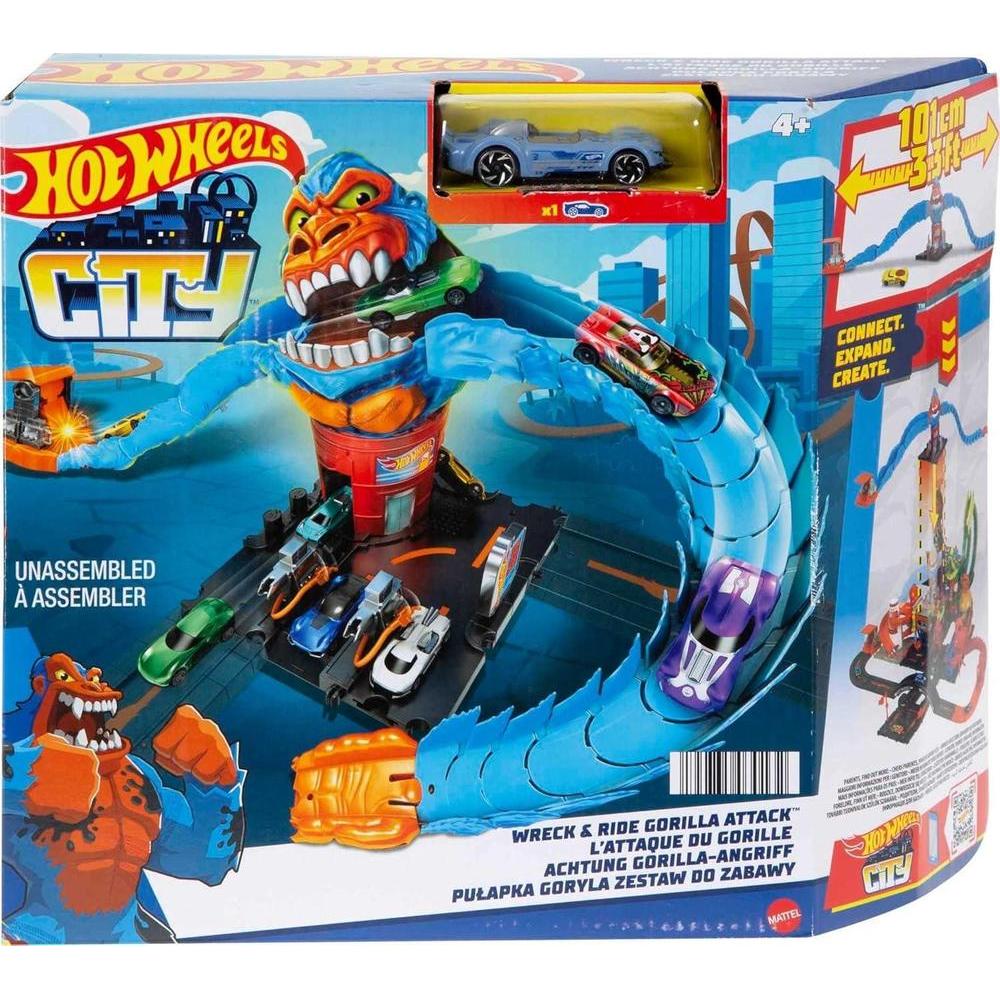 Hot Wheels City Wreck & Ride Gorilla Attack con 1 auto, conecta a otros sets, set temático estación de gasolina