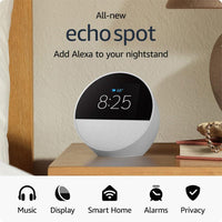 Nuevo Amazon Echo Spot 2024, despertador inteligente con sonido vibrante Blanco Glaciar con Alexa integrada