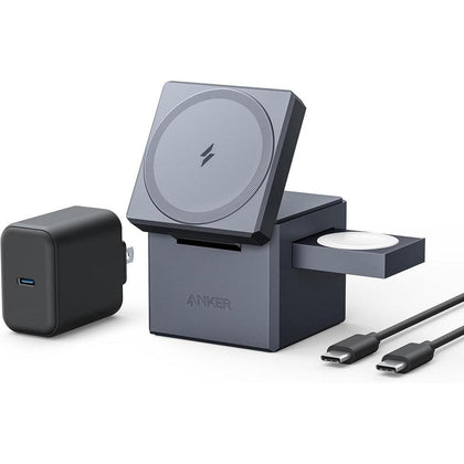 Anker Soporte cargador 3 en 1 con MagSafe para iPhone y Apple Watch, diseño plegable con carga rápida de 15W