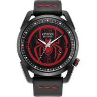 Citizen Reloj Eco-Drive Marvel Miles Morales acero inoxidable negro con correa cuero y esfera negra, modelo AW1685-00W