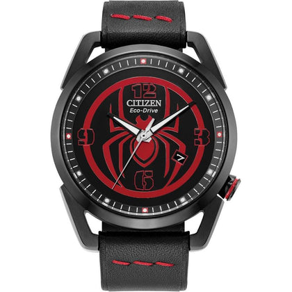 Citizen Reloj Eco-Drive Marvel Miles Morales acero inoxidable negro con correa cuero y esfera negra, modelo AW1685-00W