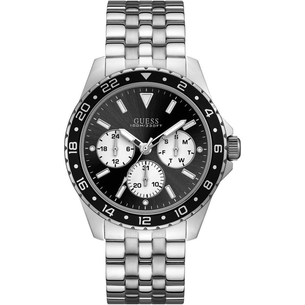 Reloj analógico GUESS para hombre con correa de acero, esfera negra y funciones de cronógrafo internacional