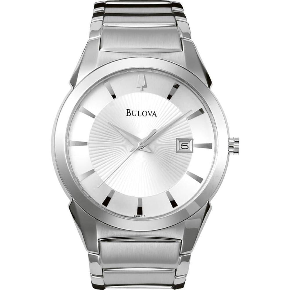Bulova Reloj de cuarzo con calendario de 3 manecillas para hombre, esfera estampada, estilo clásico de acero inoxidable