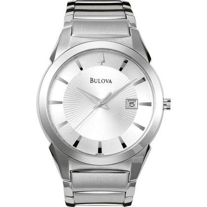 Bulova Reloj de cuarzo con calendario de 3 manecillas para hombre, esfera estampada, estilo clásico de acero inoxidable
