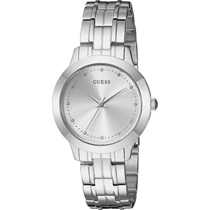 Reloj de pulsera clásico GUESS para mujer con acero inoxidable, tono plateado y movimiento de cuarzo japonés