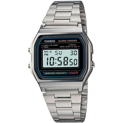 CASIO A158WA-1 Reloj digital para hombre con retroiluminación LED, cronómetro, alarma diaria y resistencia al agua