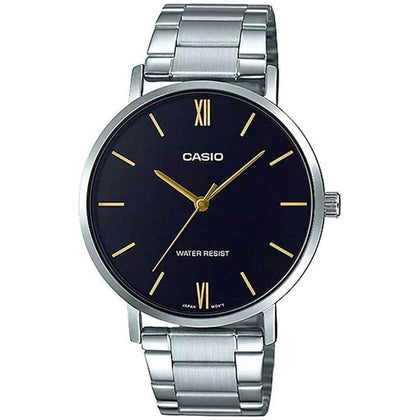 Reloj analógico Casio MTP-VT01D-1B minimalista con esfera negra y correa de acero inoxidable, movimiento de cuarzo