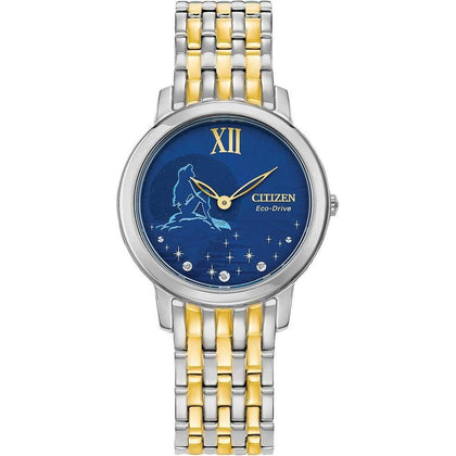 Citizen Eco-Drive Disney Princess Ariel Reloj con diamantes tono dorado, esfera azul de cristal de zafiro, modelo EX1499-50W