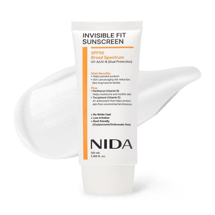 NIDA Invisible Fit Protector solar SPF 50, amplio espectro UV-A/UV-B, sin manchas blancas, ligeroy adecuado para todo tipo de piel