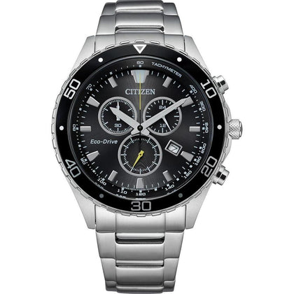Citizen Reloj cronógrafo Eco-Drive Weekender para hombre en acero inoxidable plateado, esfera negra