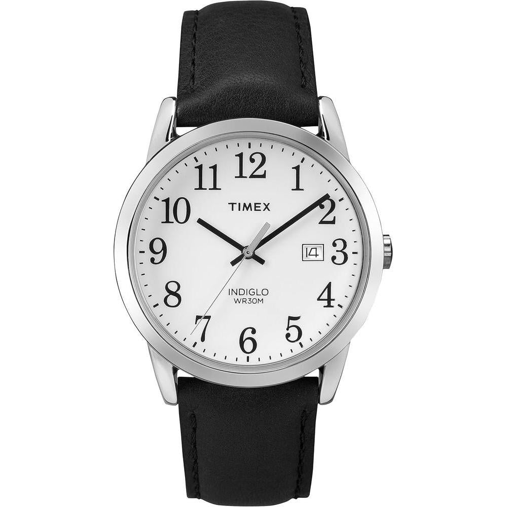 Timex Reloj Easy Reader para hombre en cuero negro, con fecha y luz Indiglo, resistente al agua, con movimiento de cuarzo