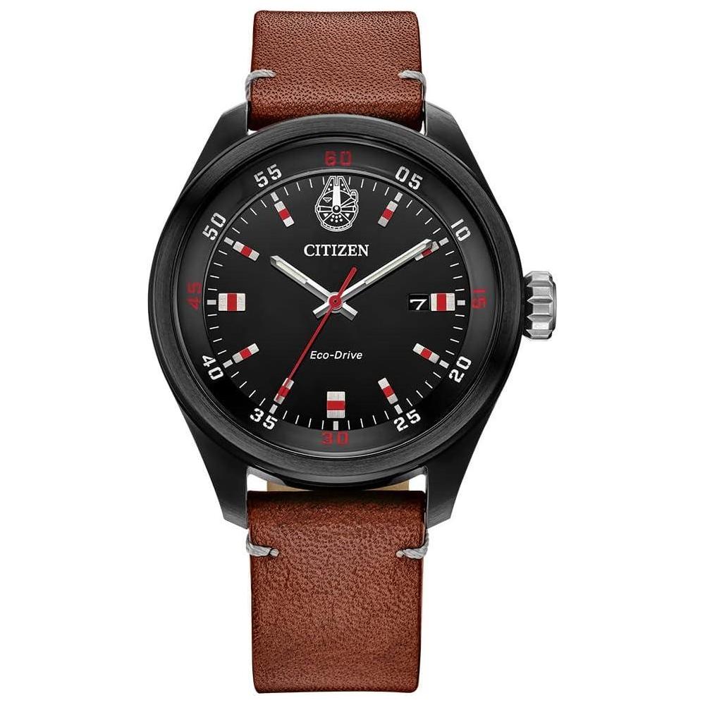 Citizen Eco-Drive Star Wars Chewbacca, correa de acero inoxidable negro sobre cuero marrón, movimiento de 3 manecillas