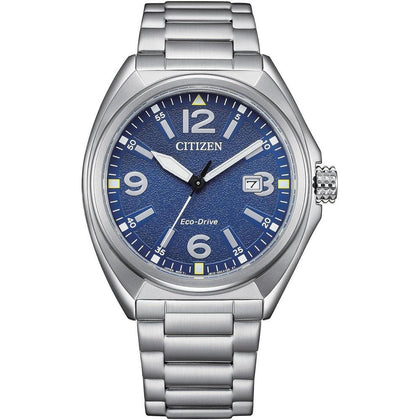 Reloj Citizen Eco-Drive para hombre, deportivo, pulsera de acero inoxidable plateado, esfera azul, modelo AW1571-76L