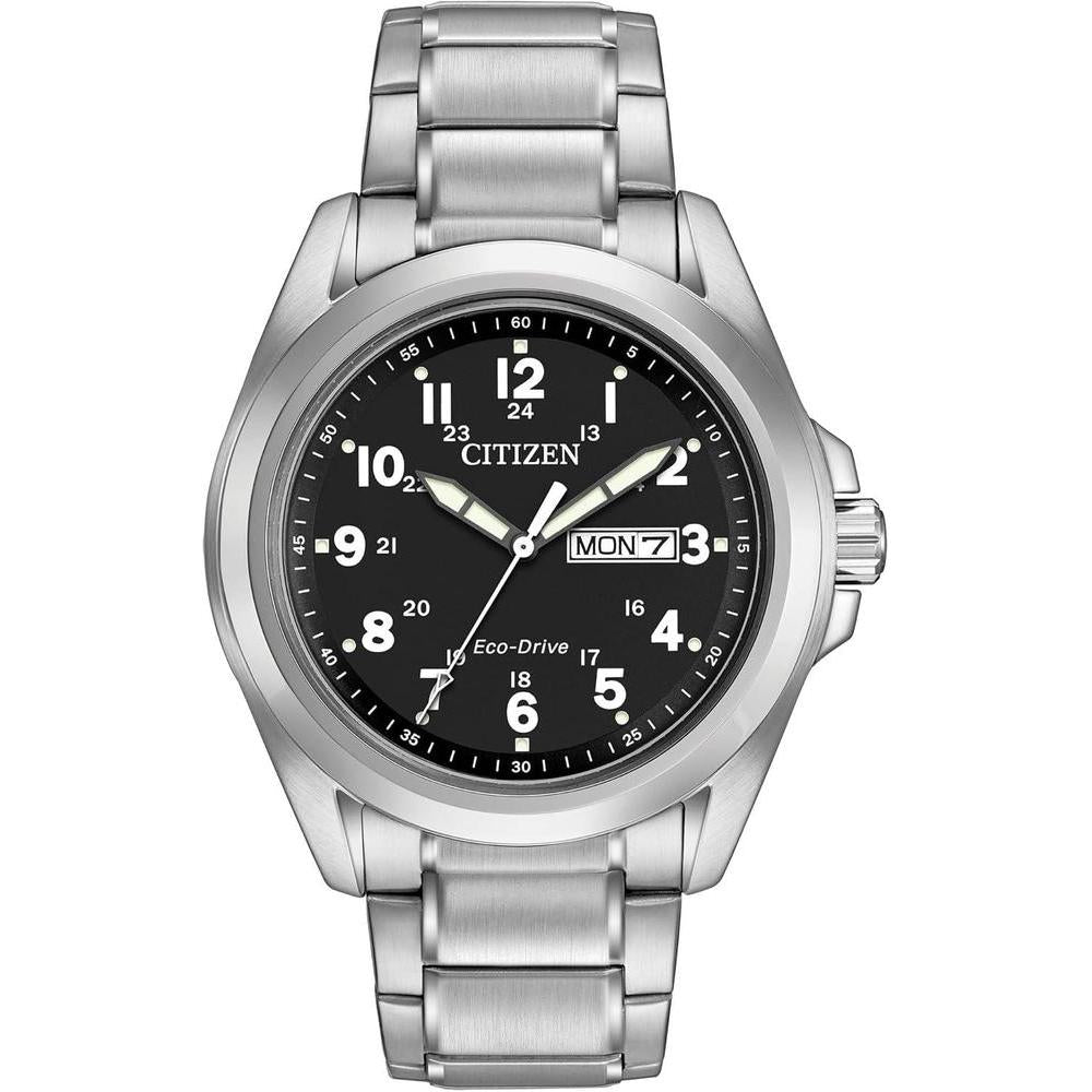 Citizen - Reloj de acero inoxidable con tecnología Eco-Drive, resistente al agua y calendarío día-fecha, modelo AW0050-82E, plateado