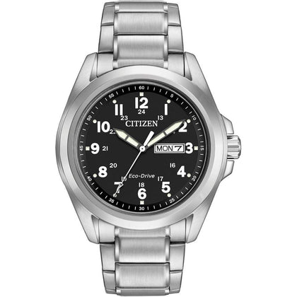 Citizen - Reloj de acero inoxidable con tecnología Eco-Drive, resistente al agua y calendarío día-fecha, modelo AW0050-82E, plateado