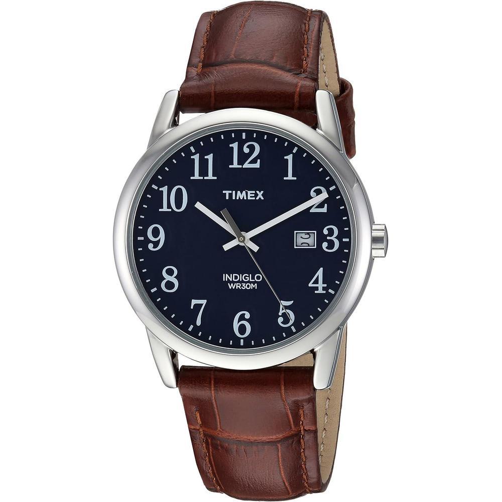 Reloj de pulsera para hombre Timex Easy Reader, correa de cuero marrón, esfera azul, resistente al agua hasta 30 metros