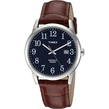 Reloj de pulsera para hombre Timex Easy Reader, correa de cuero marrón, esfera azul, resistente al agua hasta 30 metros