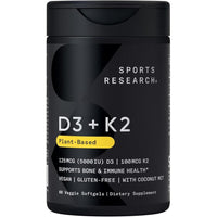 Vitaminas D3 y K2 con aceite de coco, soporte óseo e inmune, certificadas veganas, sin OGM ni soja, 60 cápsulas blandas