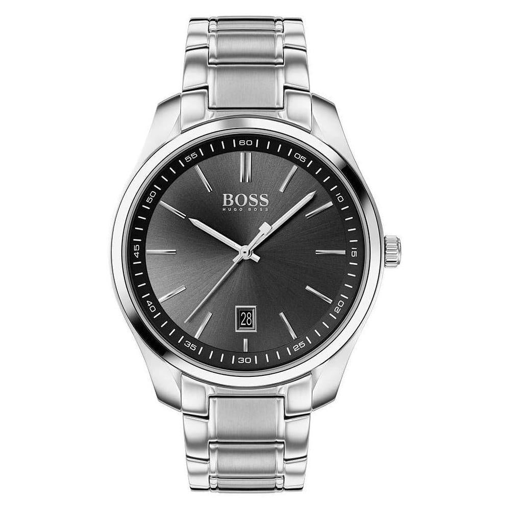 Reloj BOSS para hombre con esfera negra, movimiento de cuarzo y correa de acero inoxidable en color plateado