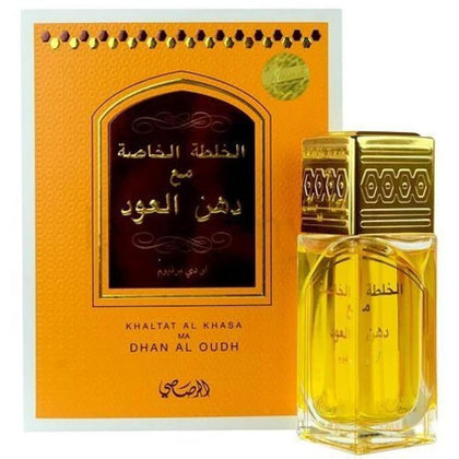 Rasasi Khaltat Al Khasa Ma Dhan Al Oudh Eau de Parfum en spray unisex, fragancia ámbar especial de larga duración