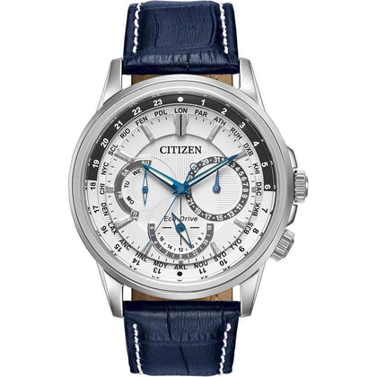 Reloj Citizen Eco-Drive para hombre con calendario, cronógrafo y manos luminosas, correa de cuero azul y esfera blanca