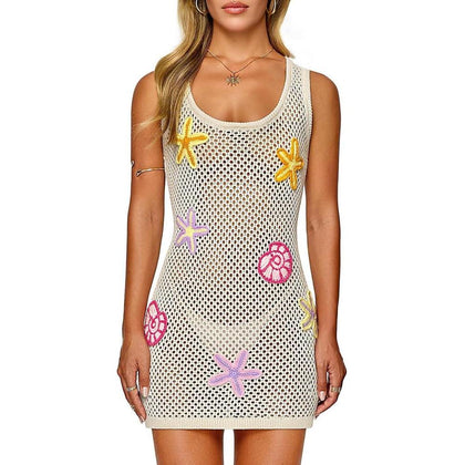 FAIRY SEASON Cover Up de Playa Tejido a Crochet para Mujer con Estrellas y Conchas 3D, Mini Vestido sin Mangas para Piscina y Vacaciones