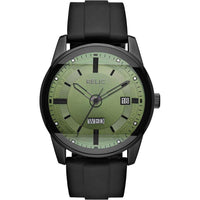 Reloj analógico de silicona negra con esfera verde, resistente al agua, funciones de día y fecha, estilo moderno