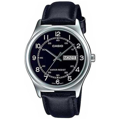 Reloj de vestir analógico Casio para hombre, correa de cuero negra, con números negros y funciones de día y fecha
