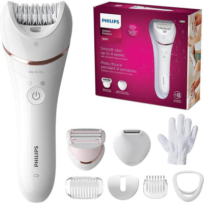 Philips Depiladora Serie 8000, Húmedo y Seco 3 en 1, Accesorios Afeitadora y Recortadora para Mujeres, 8 Accesorios