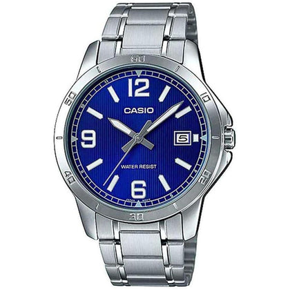 Reloj analógico Casio de acero inoxidable para hombre, cuarzo, esfera azul, resistente al agua, moderno y casual