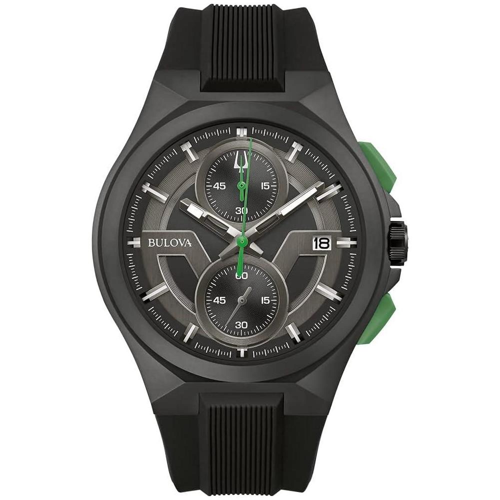 Bulova Maquina Sport - Reloj de cuarzo para hombre con caja de acero inoxidable negro, cronógrafo 6 manecillas y correa de silicona