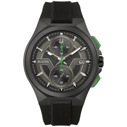 Bulova Maquina Sport - Reloj de cuarzo para hombre con caja de acero inoxidable negro, cronógrafo 6 manecillas y correa de silicona