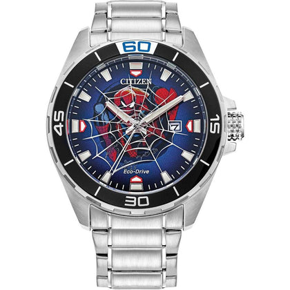 Citizen Reloj Eco-Drive Spider Man para hombre, diseño en acero inoxidable y arte de Spider Man, modelo BM7610-52W