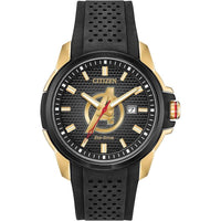 Citizen Reloj Eco-Drive Marvel Avengers para hombre, tono dorado con correa de silicona negra y ventana de calendario