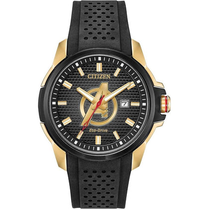Citizen Reloj Eco-Drive Marvel Avengers para hombre, tono dorado con correa de silicona negra y ventana de calendario