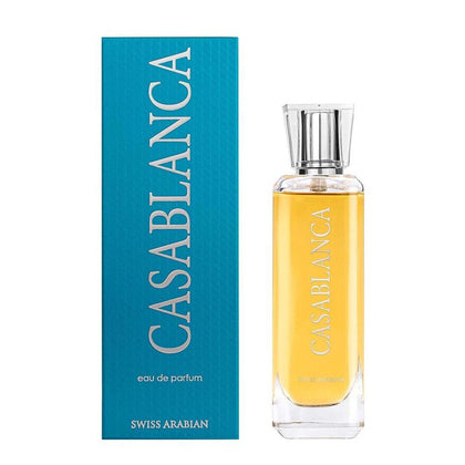 Perfume Casablanca unisex de Swiss Arabian, fragancia amaderada y frutal, larga duración con notas de manzana, pachulí, ámbar y vainilla