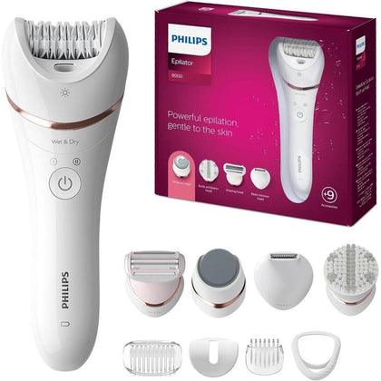 Philips Epilator Series 8000 5 en 1 Afeitadora para Mujer, Recortadora, Pedicura y Exfoliante Corporal con 9 Accesorios, BRE740/14
