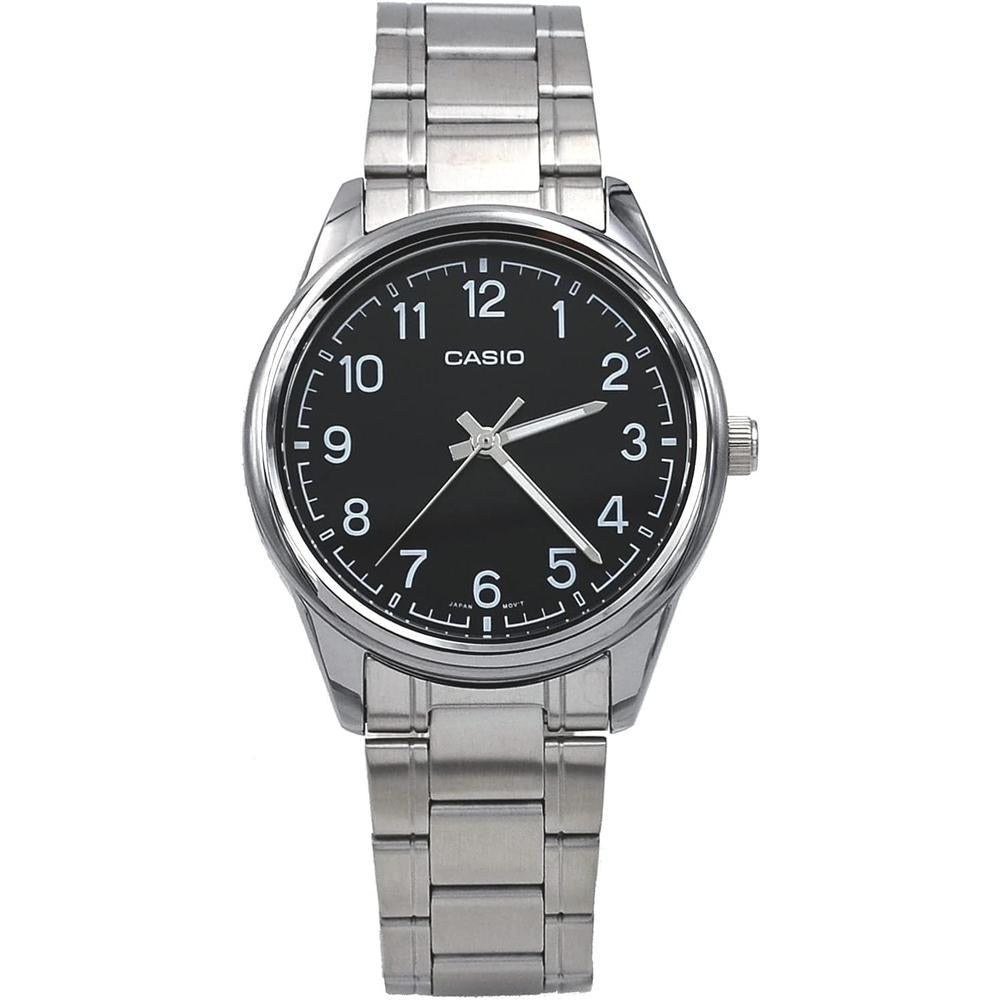 Casio MTP-V005D-1B4 Reloj analógico de acero inoxidable para hombre con números de esfera negra, movimiento de cuarzo