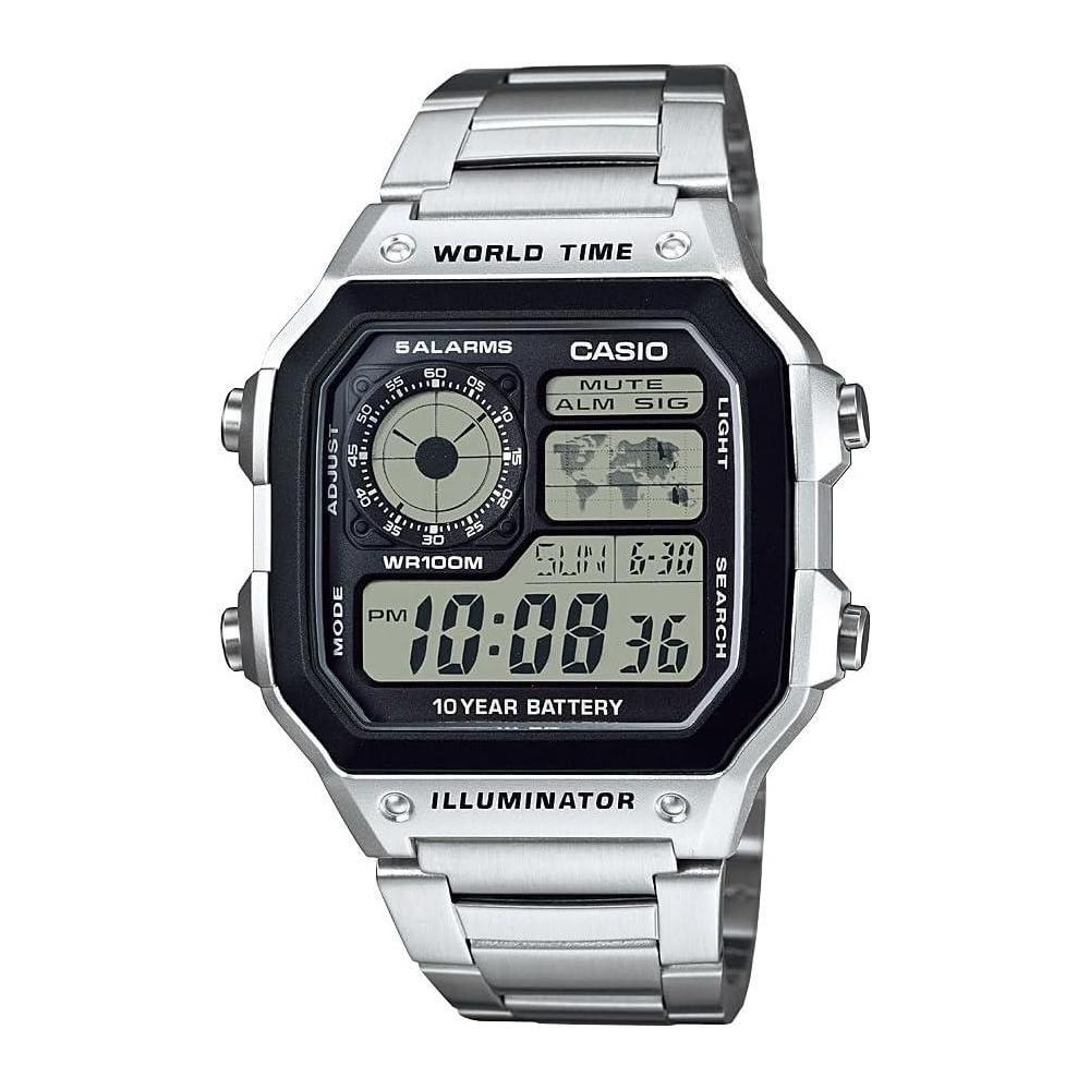 Reloj digital para hombre Casio Serie AE1200WH, resistente al agua, alarmas múltiples, cronómetro, temporizador y luz LED