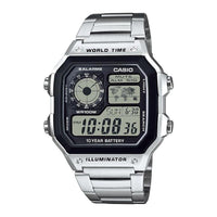 Reloj digital para hombre Casio Serie AE1200WH, resistente al agua, alarmas múltiples, cronómetro, temporizador y luz LED