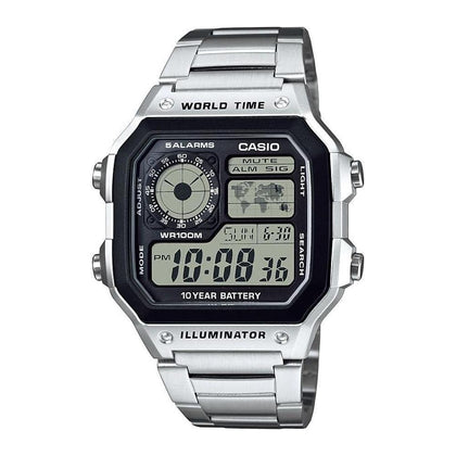 Reloj digital para hombre Casio Serie AE1200WH, resistente al agua, alarmas múltiples, cronómetro, temporizador y luz LED