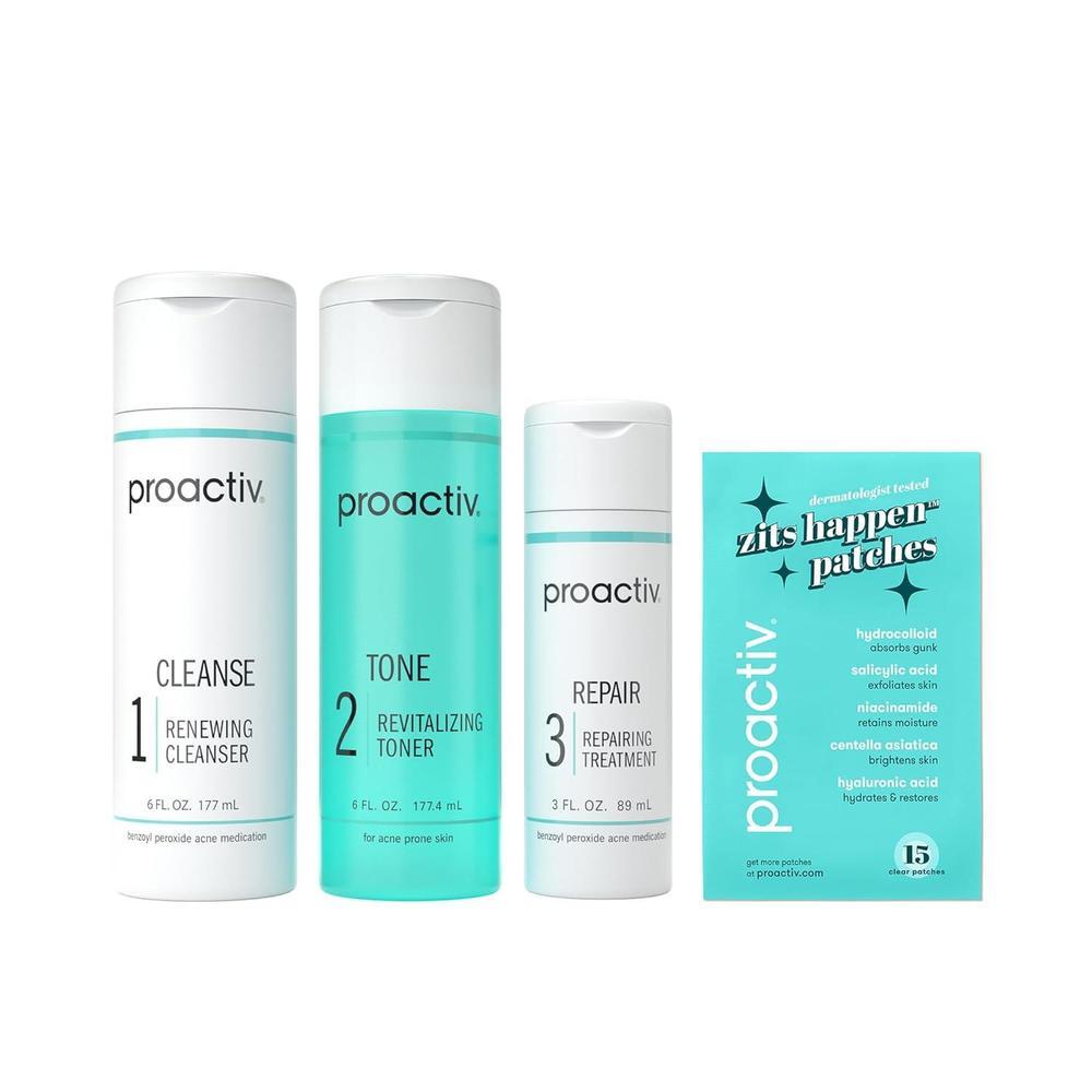 Kit completo de 90 días para cuidado del acné en 3 pasos de Proactiv con parches para espinillas y tratamiento reparador