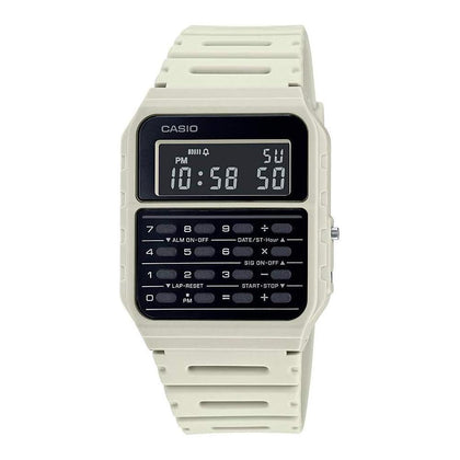 Reloj Casio Vintage Serie CA53W con calculadora, cronómetro, resistente al agua, en beige, para hombres. Función de alarma y tiempo dual