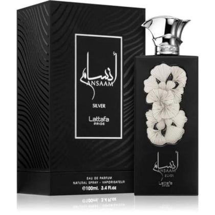 Lattafa Ansaam Silver Eau De Parfum unisex con notas de cardamomo y ámbar (100 ml)